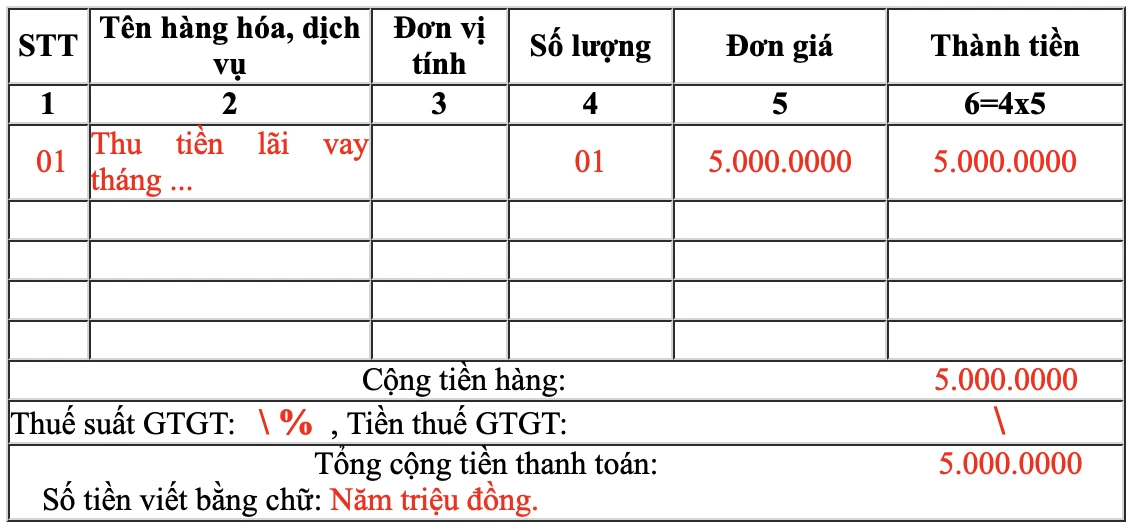Cách viết hóa đơn thu tiền lãi cho vay